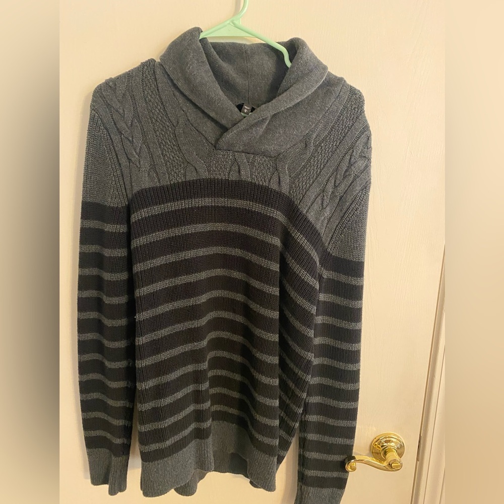 Express Men's Gray and Black Striped Sweater
